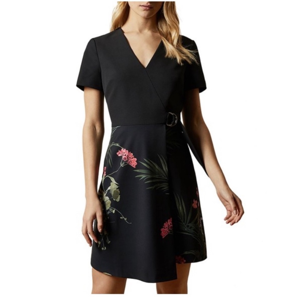 Ted Baker size 4 = US SIZE 10 Floral Black Wrap Dress
